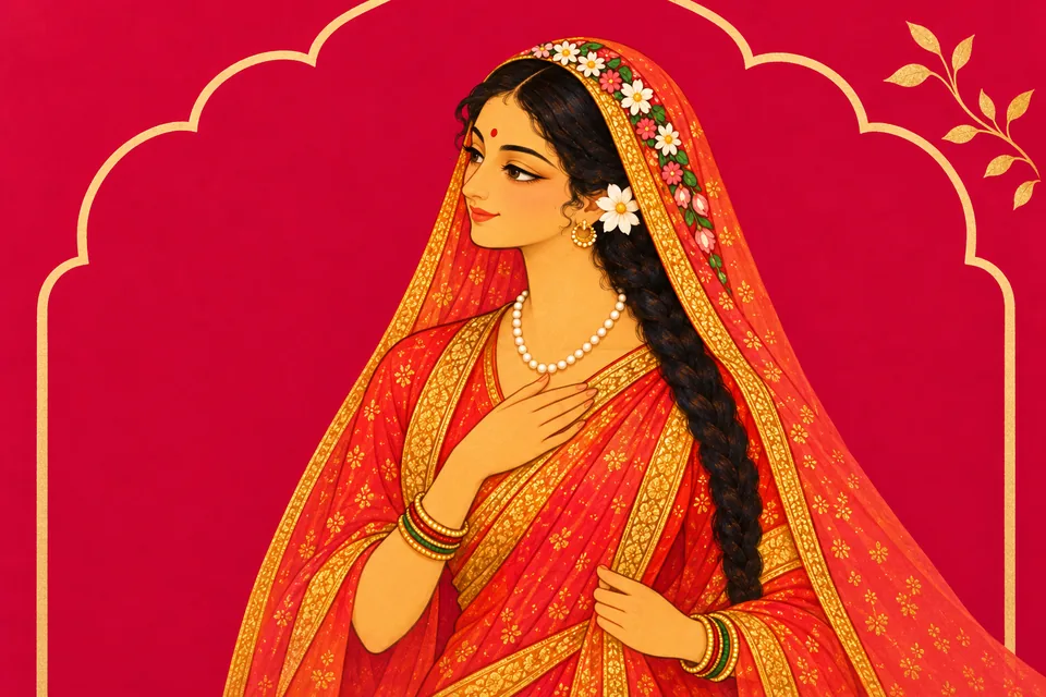 Sita is adorned as the women prepare to lead her to the wedding pavilion.