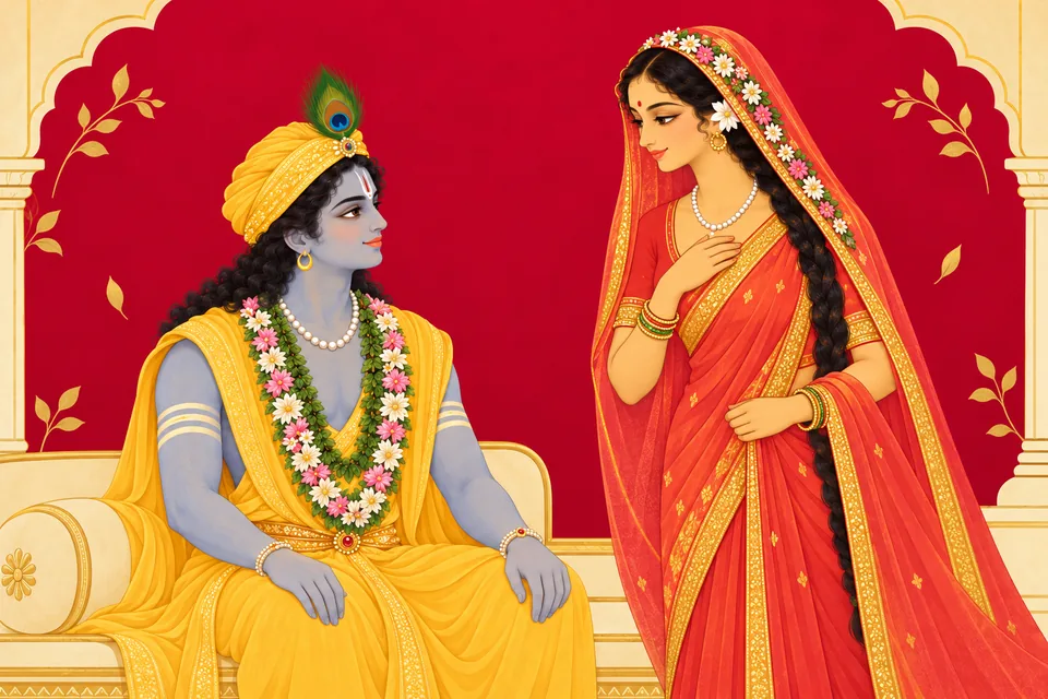 Rama beholds Sita as she arrives in the wedding pavilion.