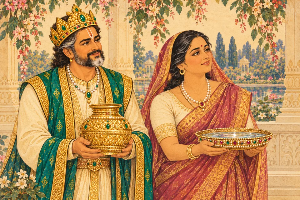 Janaka and Sunayana bring golden pots and jeweled water platters before Rama.