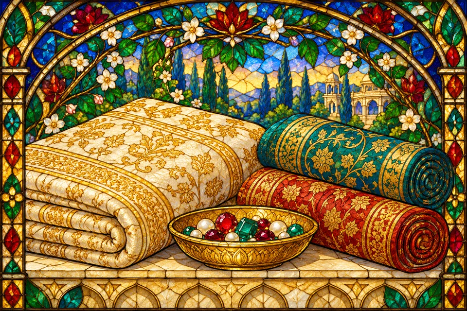 Costly blankets, patterned cloth, gold and gems fill the wedding gift display.