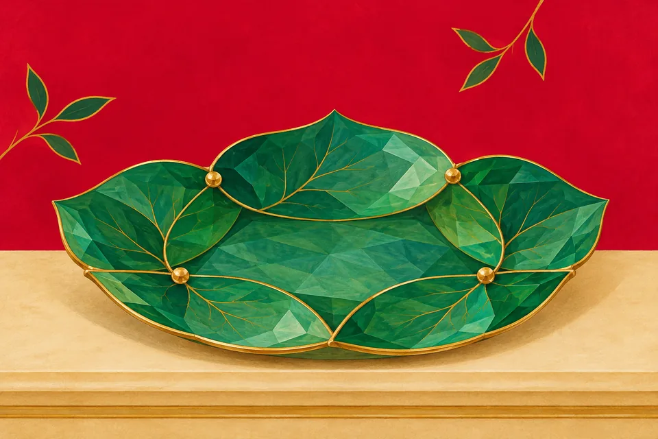 Jeweled leaf dining plates are prepared with gold fasteners.