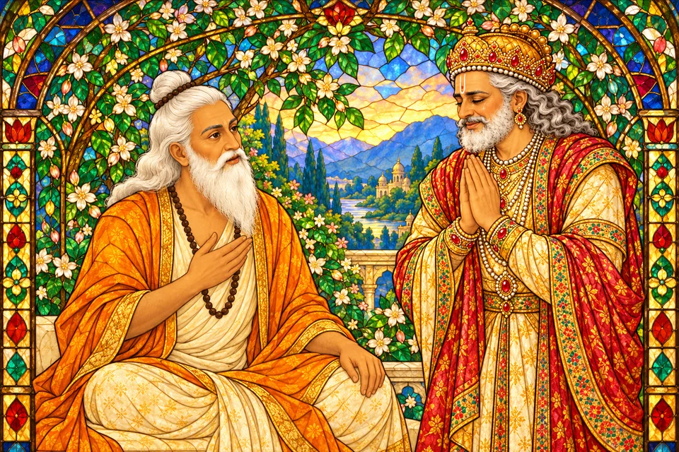 Dasharatha petitions Vasishtha with joined hands after worshipping him.