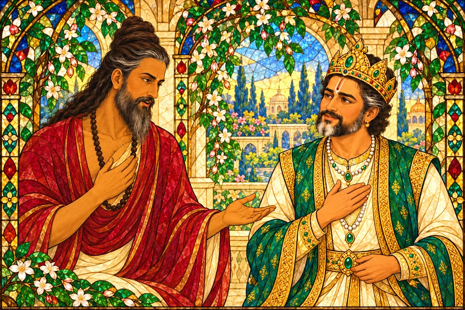 Kaushika advises Janaka to let Dasharatha depart, while Janaka listens with affection.