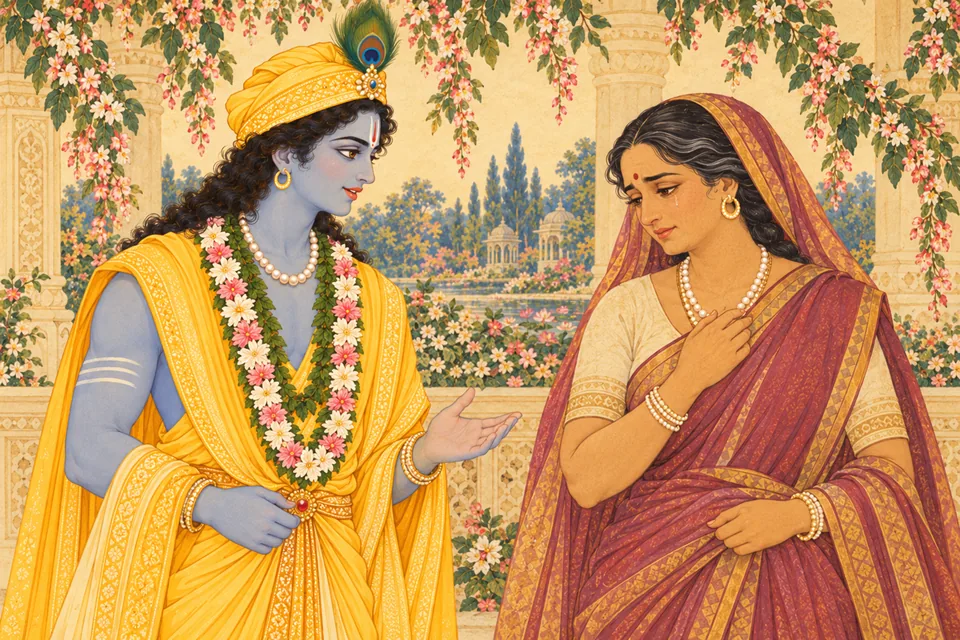 Rama gently asks Sita’s mother for leave as she listens with sorrow.