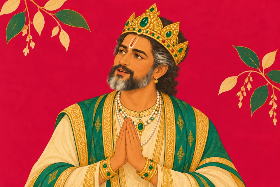Janaka joins his hands and speaks lovingly to Dasharatha after escorting the wedding party.