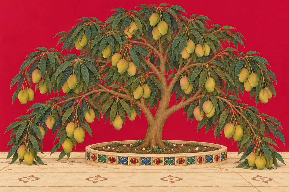 A fruit-laden mango tree bends toward the ground above a jeweled planting basin.