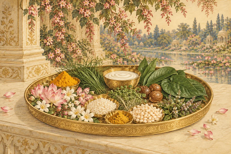 An auspicious welcome tray with rice, flowers, curd and green leaves in an antique cream-and-gold devotional painting.
