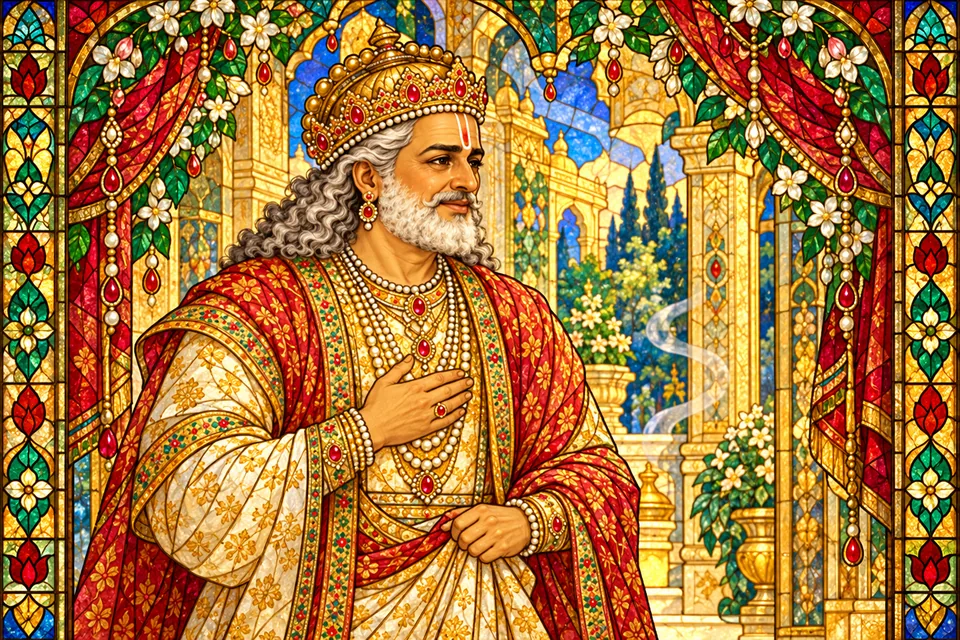 Dasharatha rejoices beneath jeweled palace festoons in a stained-glass devotional portrait.