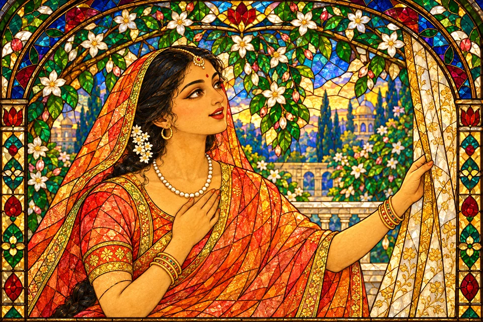 An Ayodhya spectator draws aside a palanquin curtain in a jeweled stained-glass devotional portrait.