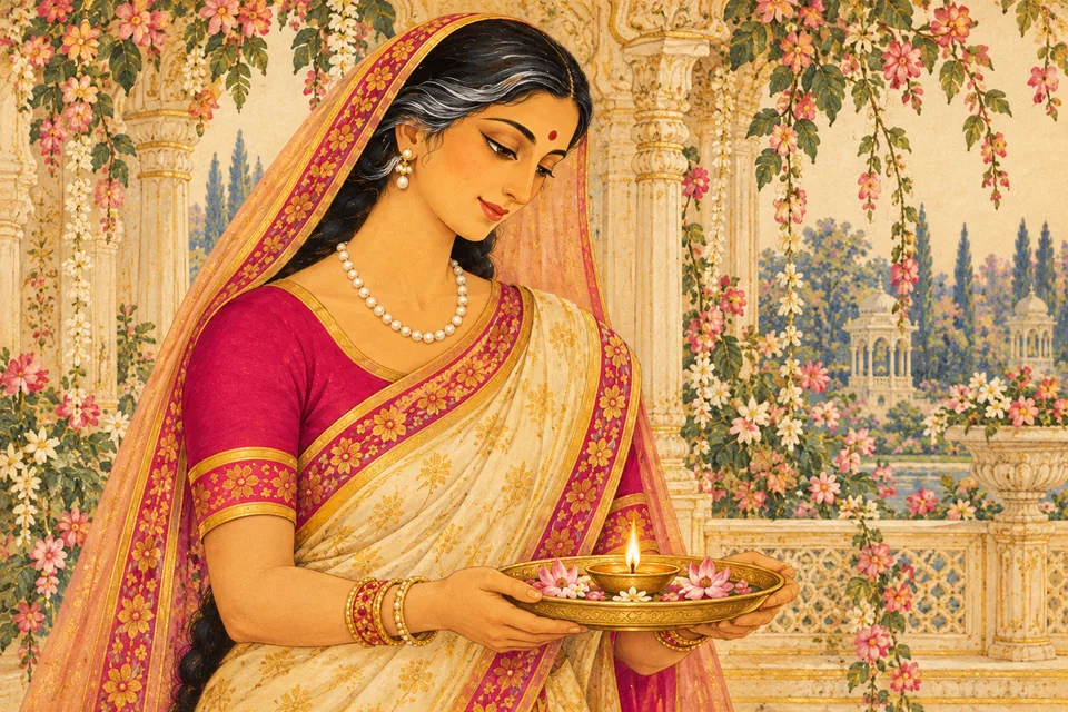Kaushalya holds a golden aarti tray with a single lamp in an antique cream-and-gold devotional portrait.