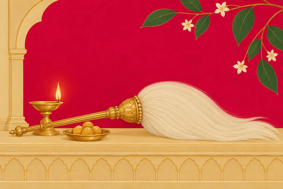 A white ceremonial flywhisk, lit lamp and offering dish in a spare crimson-and-gold devotional still life.