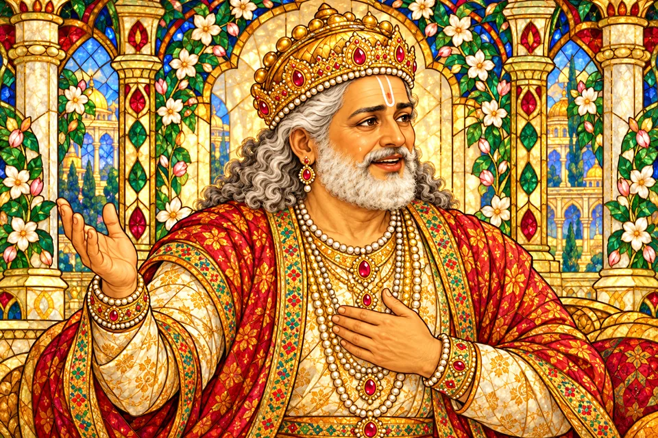 Dasharatha joyfully recounts the wedding and Janaka’s virtues in a jeweled stained-glass devotional portrait.