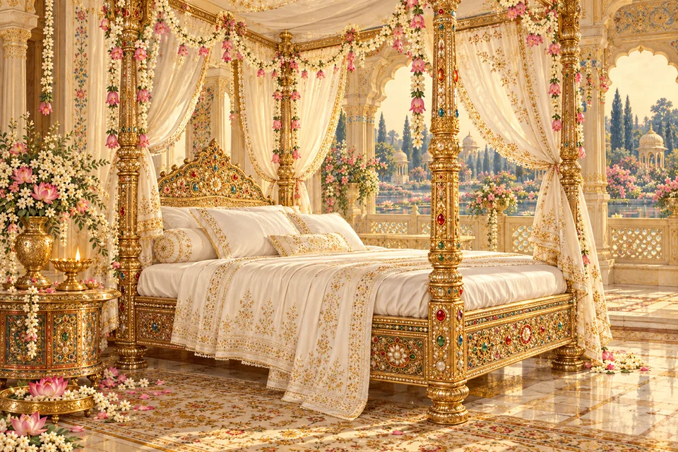 A gold-and-jewel bed with white bedding, flowers and a canopy in a cream-and-gold devotional palace scene.