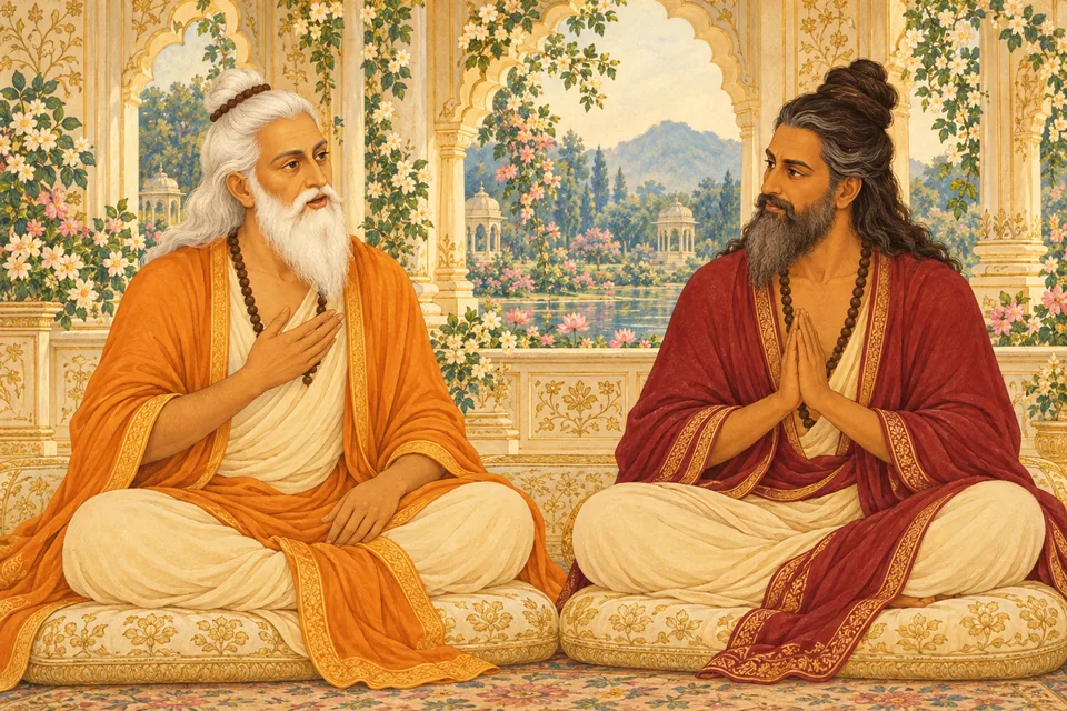 Vasishtha speaks with Kaushika in an antique cream-and-gold devotional palace portrait.