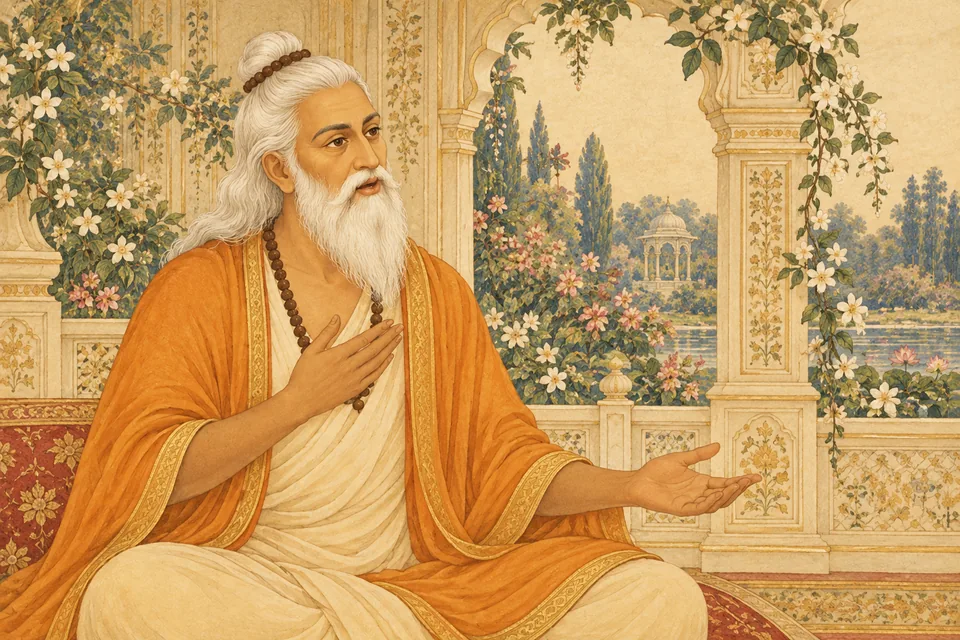 Vasishtha recounts Vishvamitra’s story in a cream-and-gold floral pavilion.