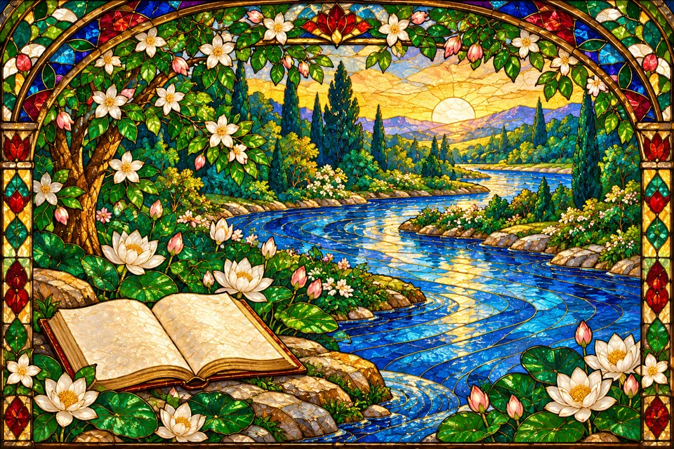 A clear winding blue river and blank folio symbolize the chhand's comparison of poetry with sacred river waters.