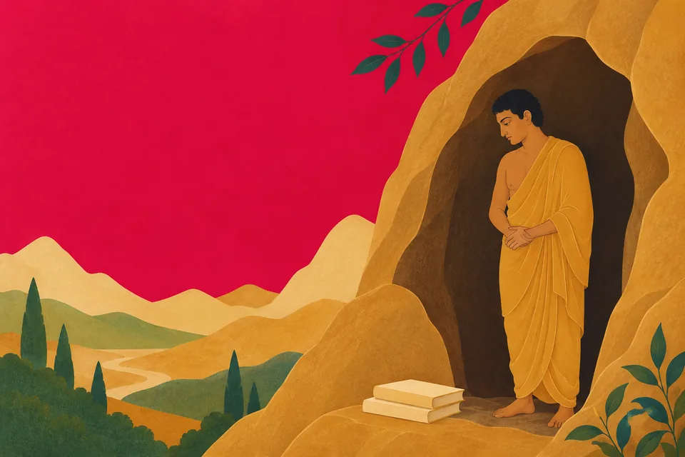 A symbolic figure of Discernment shelters in a quiet cave beside closed manuscripts.