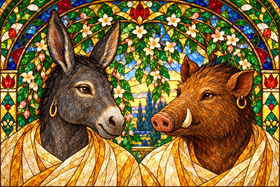 Two representative donkey-headed and boar-headed ganas beneath a jewel-colored glass bough.
