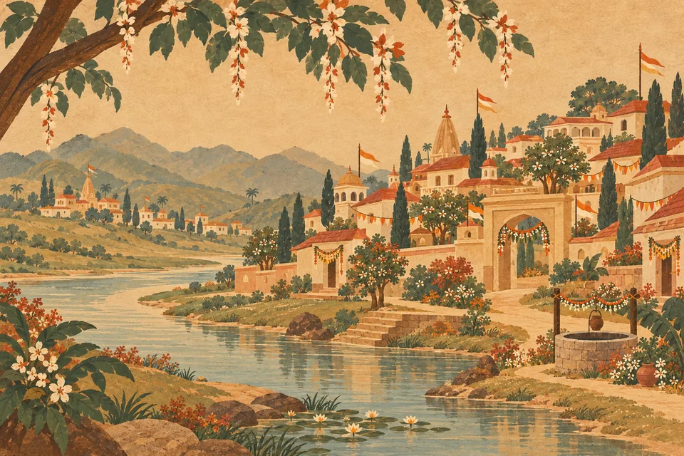 A festively adorned mountain city beside quiet garden water.