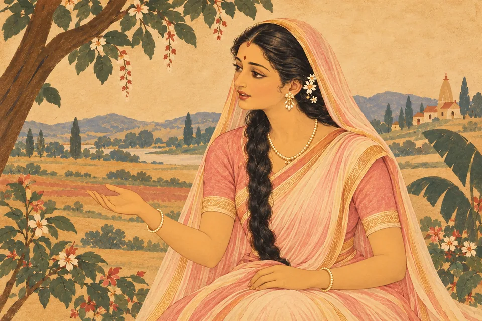 Uma gently answers her distressed mother in a quiet pastoral portrait.