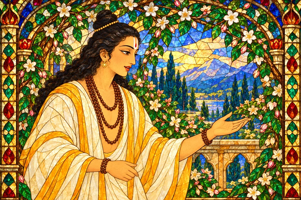 Narada gently reassures Maina outside the jewel-colored portrait frame.