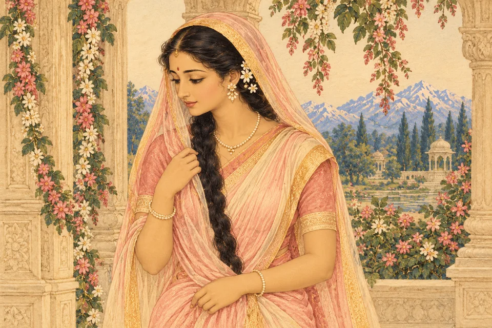 Bhavani arrives bashfully at the marriage pavilion with gently lowered eyes.