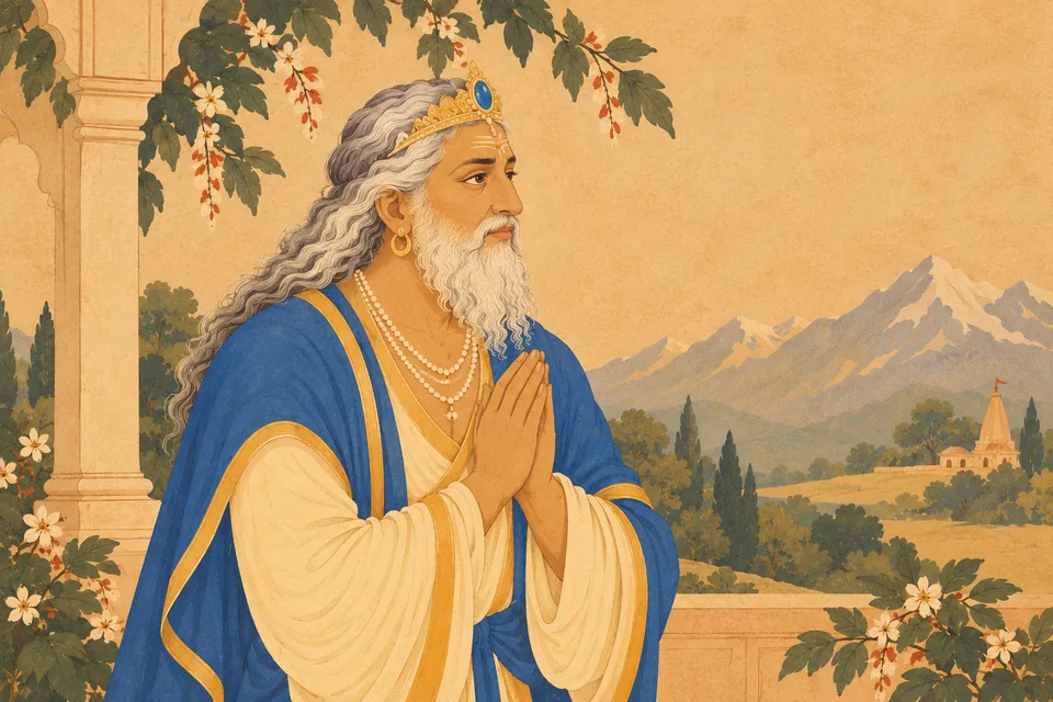 Himavan respectfully joins his hands before Shiva outside the portrait frame.