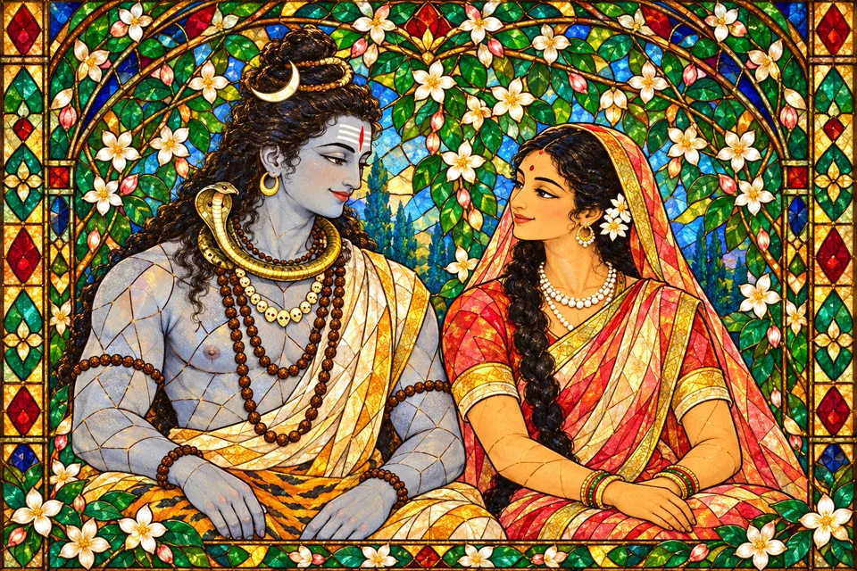 Shiva and adult Uma in a quiet married-couple portrait framed with jasmine in jewel-colored stained glass.