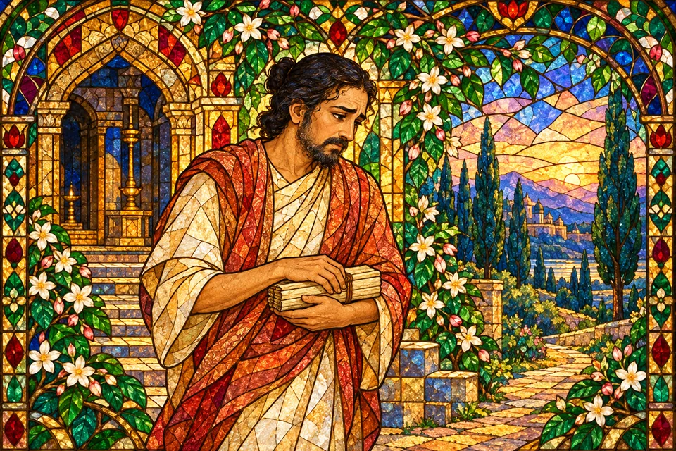 An unnamed scripture reciter carries a plain manuscript bundle away from a sanctuary, shown in jewel-colored stained glass.