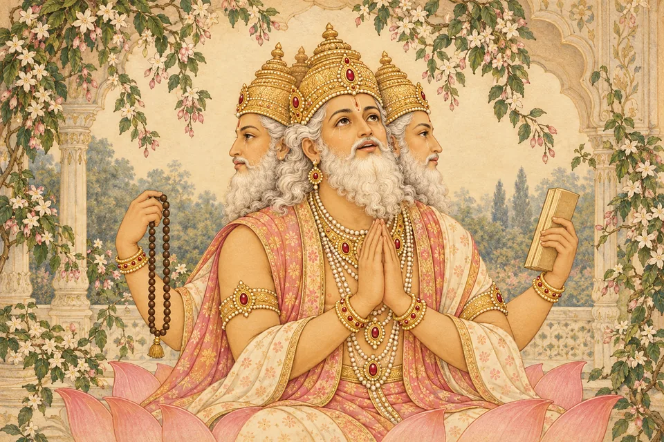 Brahma offers a hymn with joined front hands, rear hands holding beads and a plain book, in an antique painted pavilion.