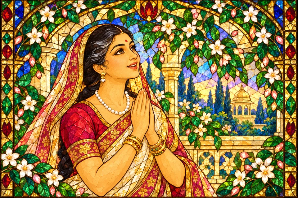 Kaushalya looks up with joyful wonder and joined hands toward the manifested Lord outside the frame, in jewel-colored stained glass.
