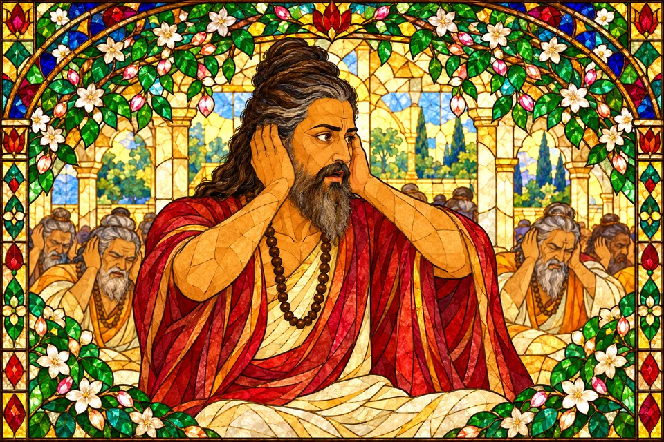 Vishvamitra, shown as one of the sages, covers his ears at the tremendous roar of the bow breaking.