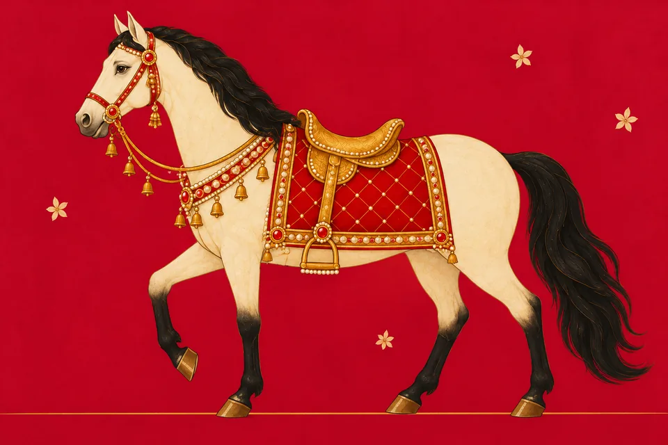 The beautiful jewelled horse, saddle, bridle and bells described for Rama's procession.