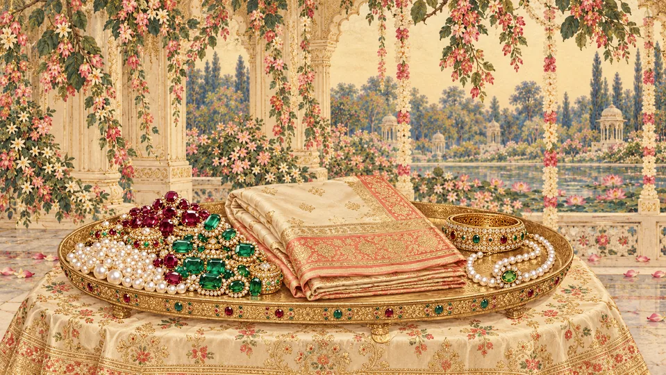 Jewels, folded cloth and ornaments for the groom's ceremonial nichhavar.
