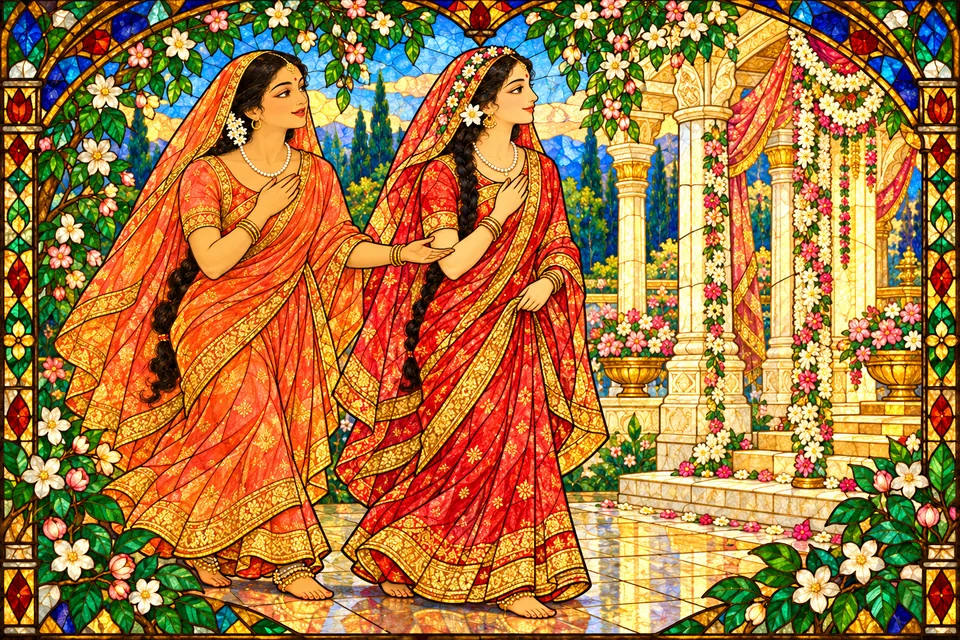 An attendant respectfully leads adorned Sita toward the wedding pavilion.