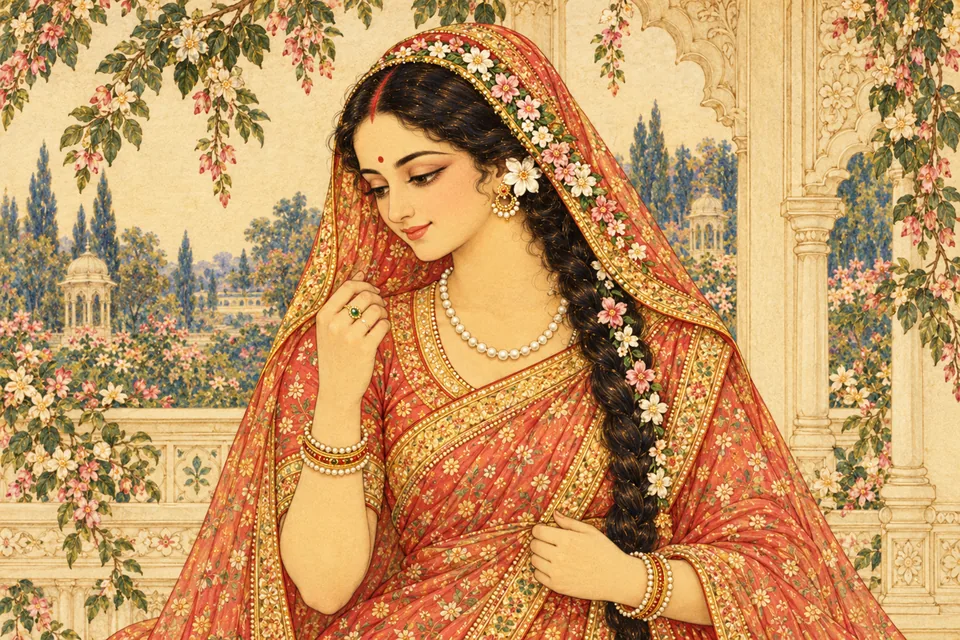 Sita gazes at the gem on her hand, cherishing Rama's reflection.