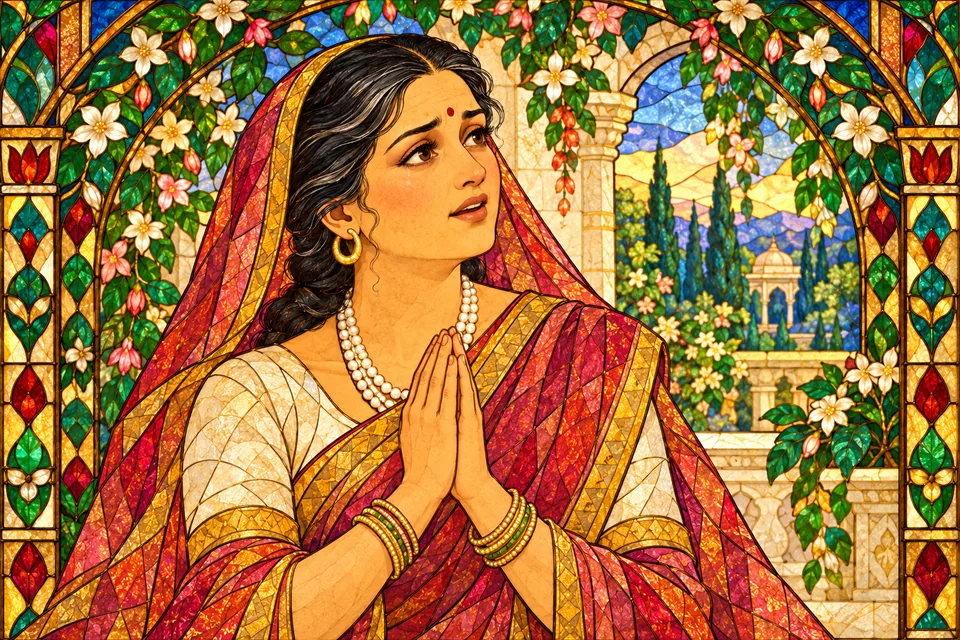 Sita’s mother joins her hands and entrusts her daughter to Rama with a loving entreaty.