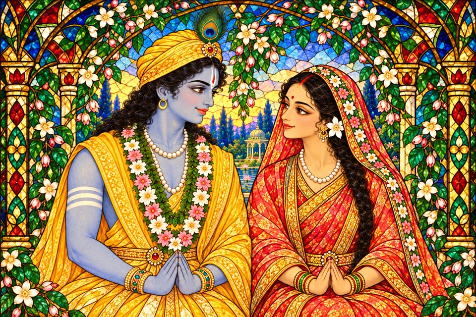 Rama and Sita in a jewel-toned devotional wedding portrait.