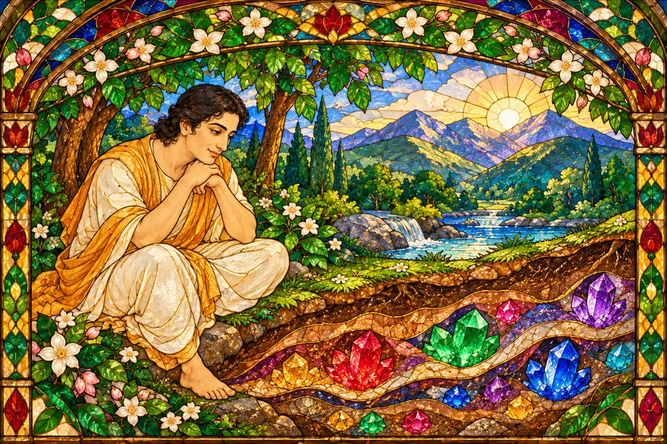 An unnamed contemplative beside a forest and hill, with gems visible in a symbolic translucent band of earth.