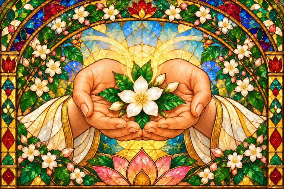 Two gently cupped hands hold a fragrant white flower, with equal light above both palms symbolizing impartial compassion.