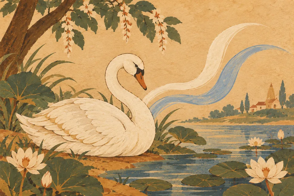 A white swan beside cream and pale-blue ribbons symbolizing the discerning acceptance of good qualities.