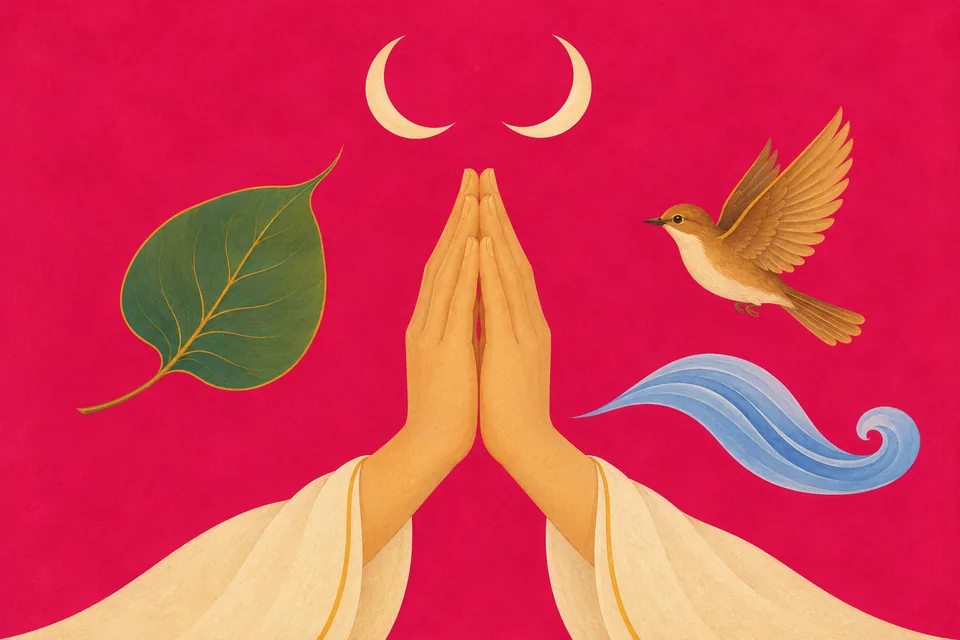 Joined hands amid leaf, bird, water and paired lunar motifs symbolize respectful salutation to all beings.