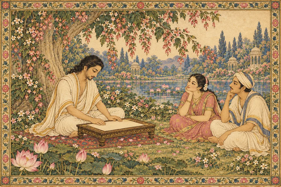 An unnamed humble poet with a blank folio and two receptive listeners beneath a flowering tree.