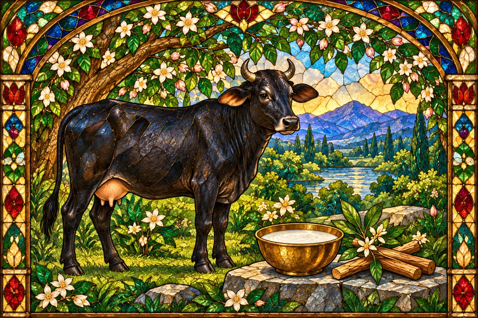 A peaceful black cow stands beside a bowl of white milk and aromatic wood, illustrating two source comparisons.