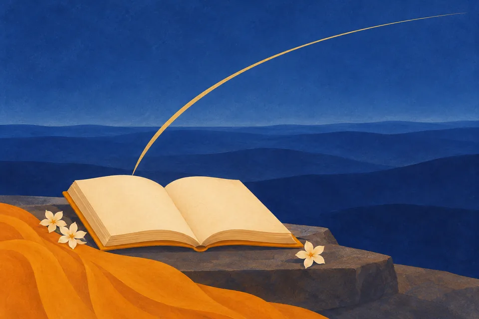 A blank manuscript beside an expansive indigo horizon and gold arc symbolizes inexhaustible divine praise.