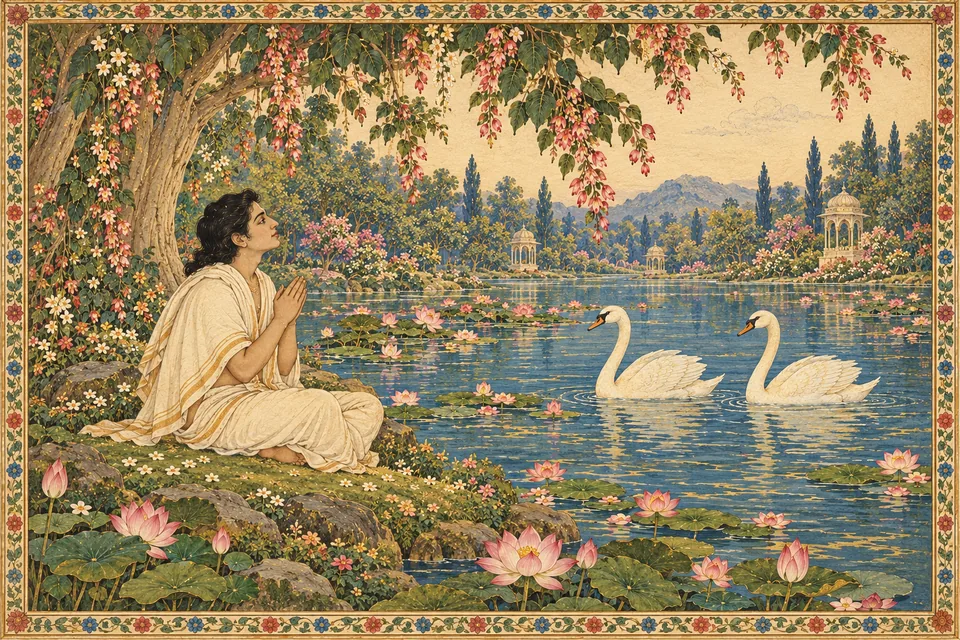 An unnamed humble poet joins his palms beside two swans on a tranquil lake, illustrating selected comparisons from the seven-part group.