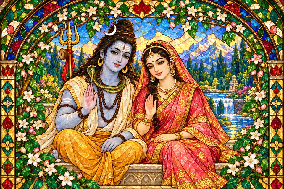 An iconic portrait of Shiva and Gauri blessing evokes the poet's prayer for their grace.