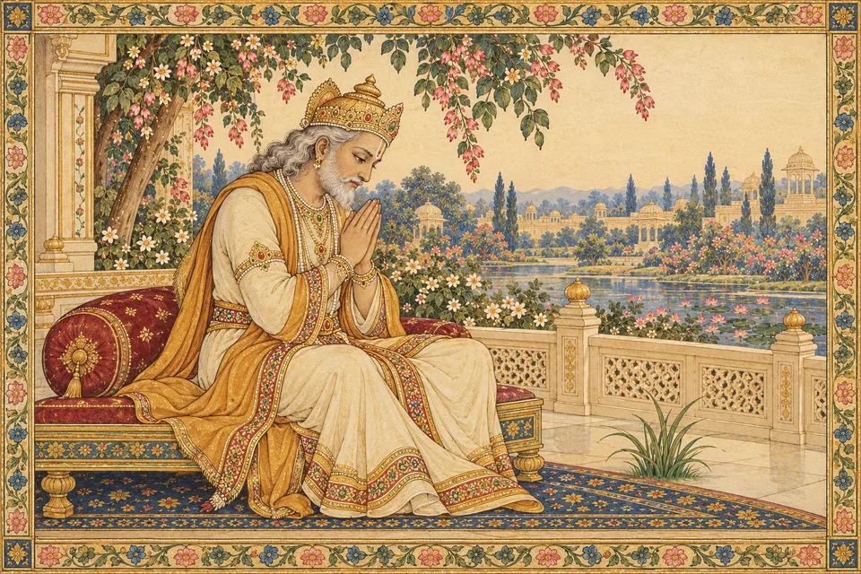 Dasharatha joins his palms in a symbolic devotional portrait, with grass recalling the verse's comparison.