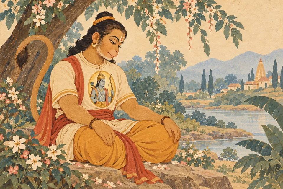 Hanuman sits peacefully with a painted Rama medallion over the covered heart, symbolizing the Lord dwelling within.