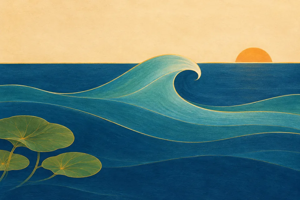 A wave rises from and rejoins still water, symbolizing the inseparability of speech and meaning.